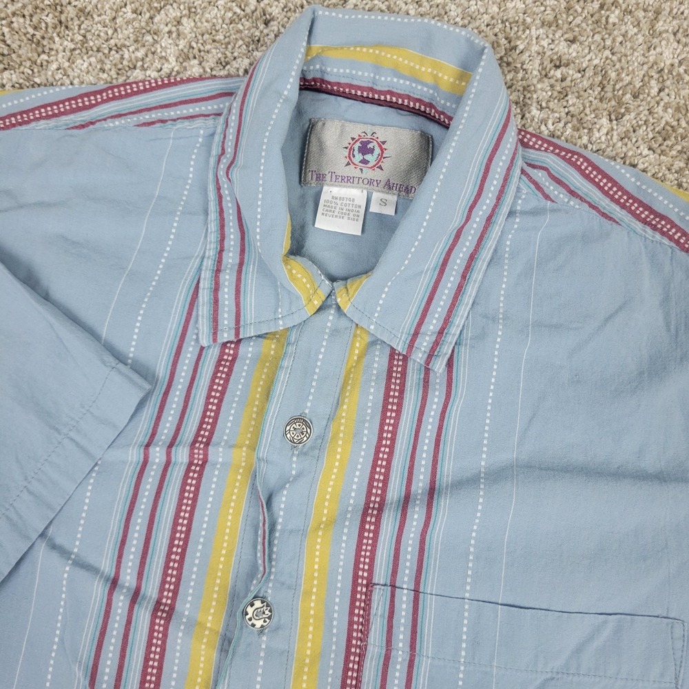 The Territory Ahead Mens Small Blue Striped Button Up Short Sleeve Camp